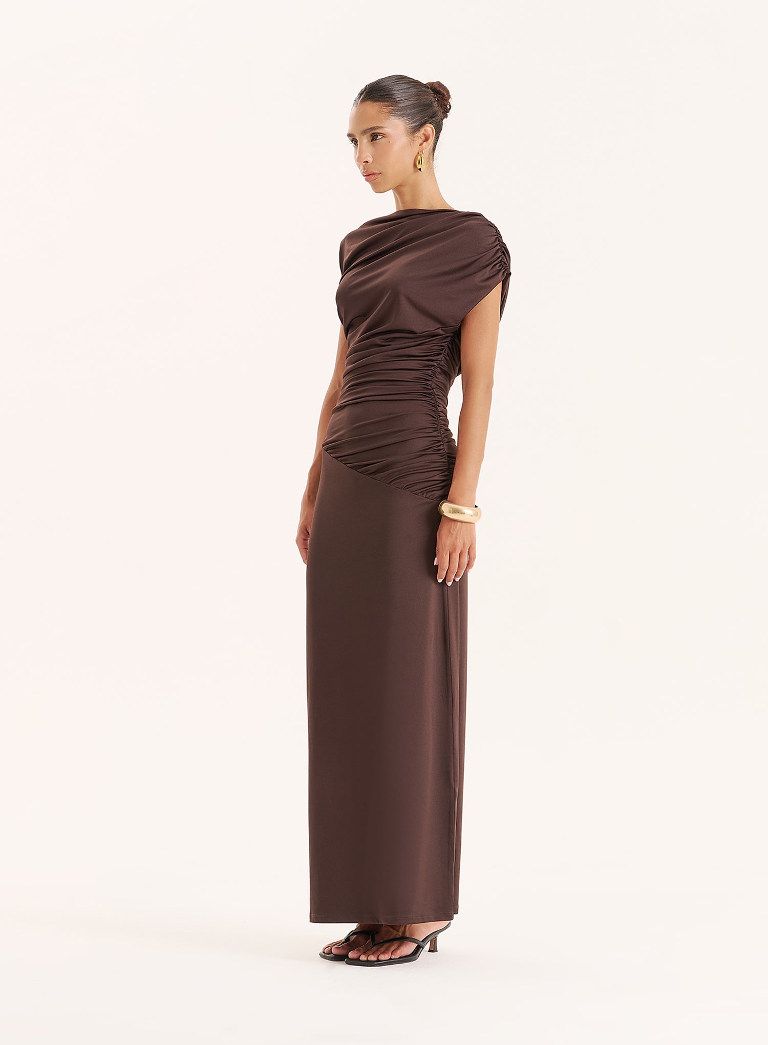 Chocolate Ruched Sleeveless Maxi Dress